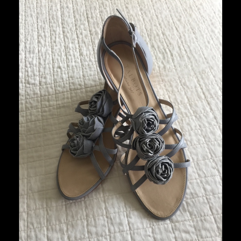 Talbots slate blue wedge sandals w/rosettes